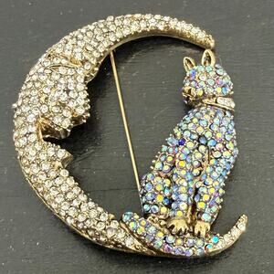Vintage Rhinestones & Crystals Cat On The Moon Brooch Costume Jewelry